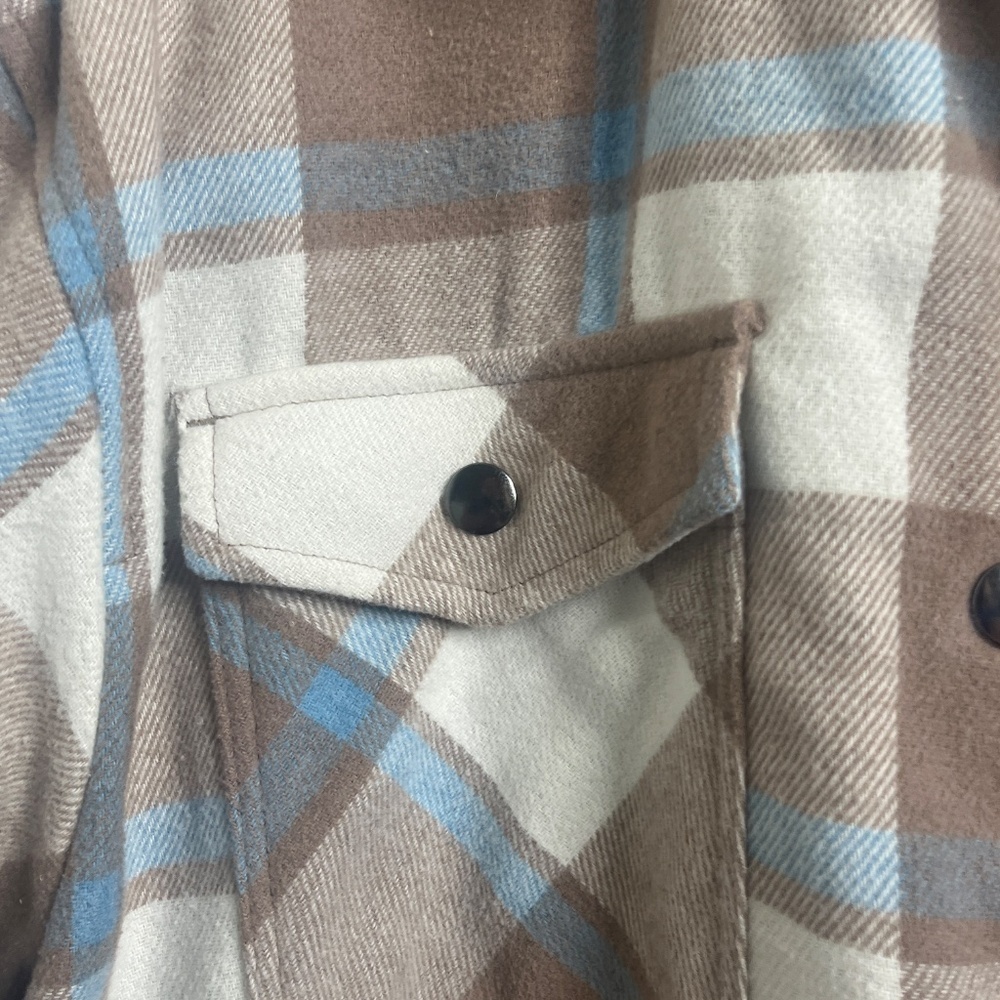 HFX Plaid Snap Button Shacket Jacket Beige Blue Medium - Picture 5 of 6